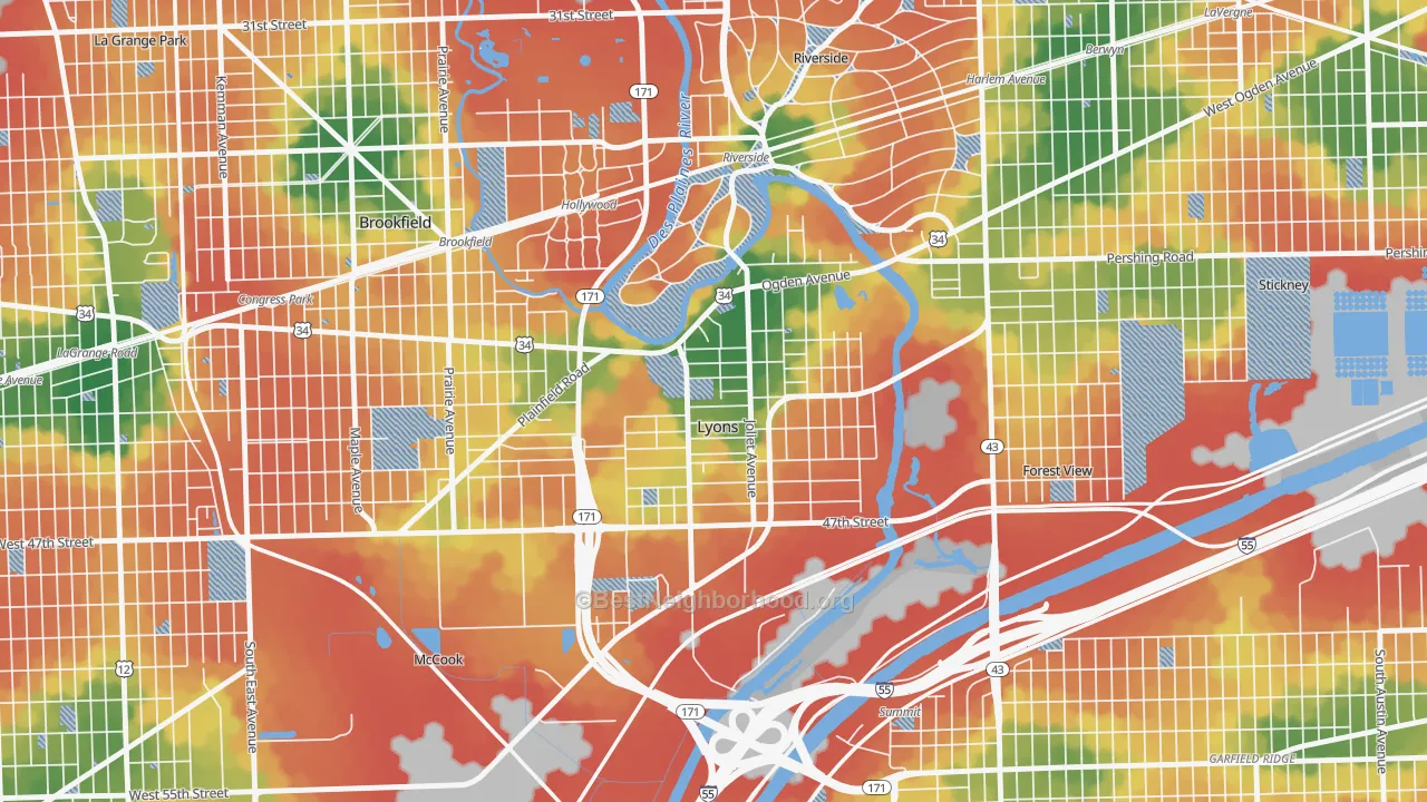 Walk Grade map of 60534, IL, walkable areas in green and car-dependent areas in red