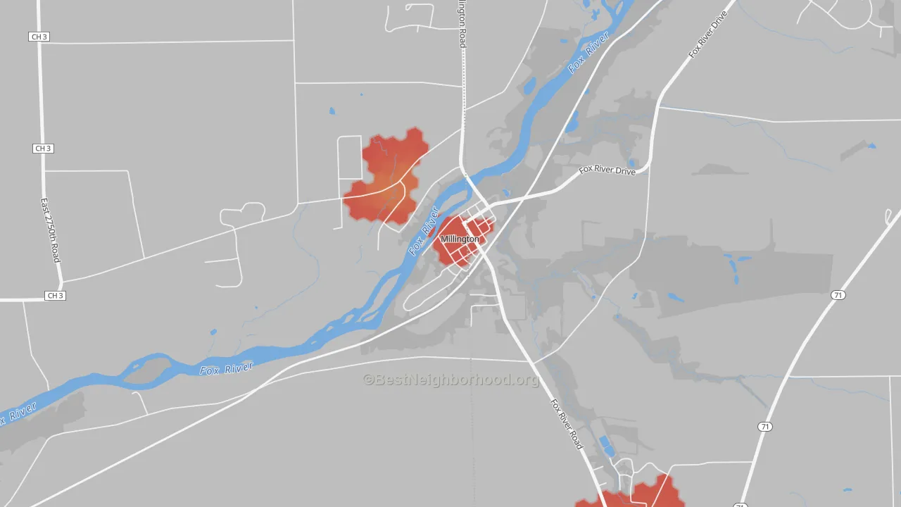 Walk Grade map of 60537, IL, walkable areas in green and car-dependent areas in red