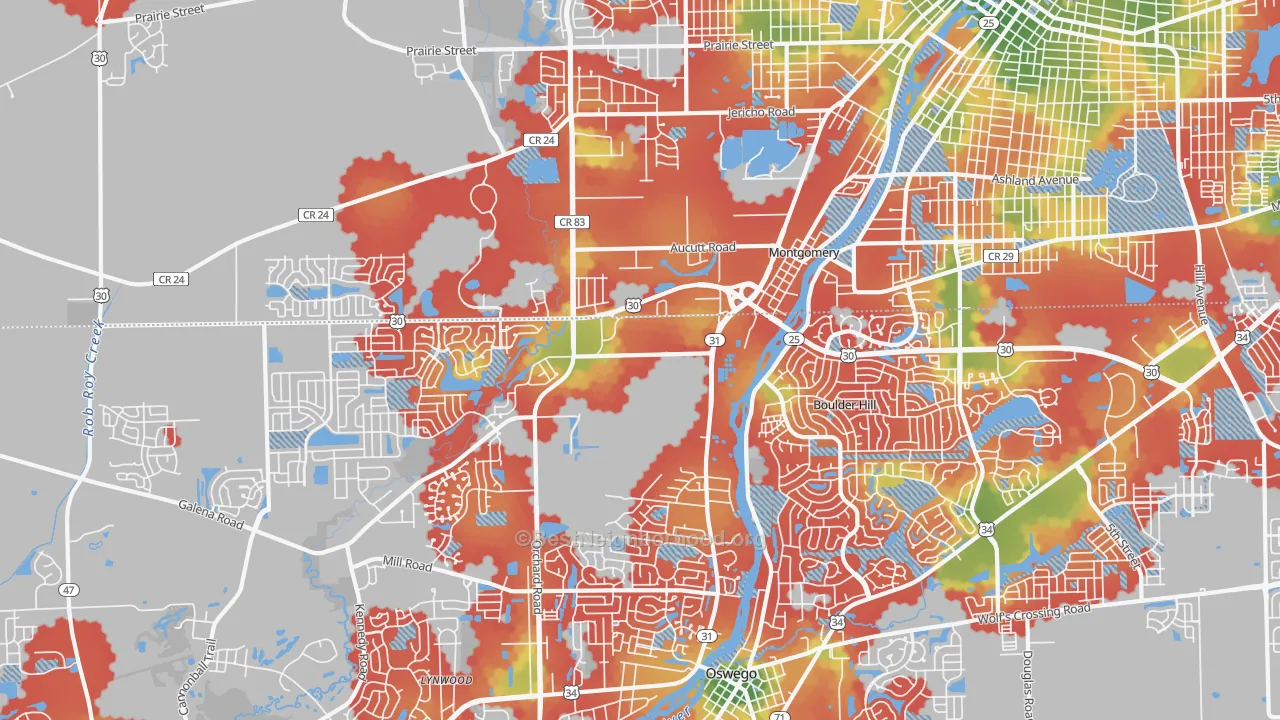 Walk Grade map of 60538, IL, walkable areas in green and car-dependent areas in red