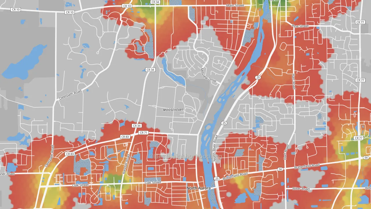 Walk Grade map of 60539, IL, walkable areas in green and car-dependent areas in red