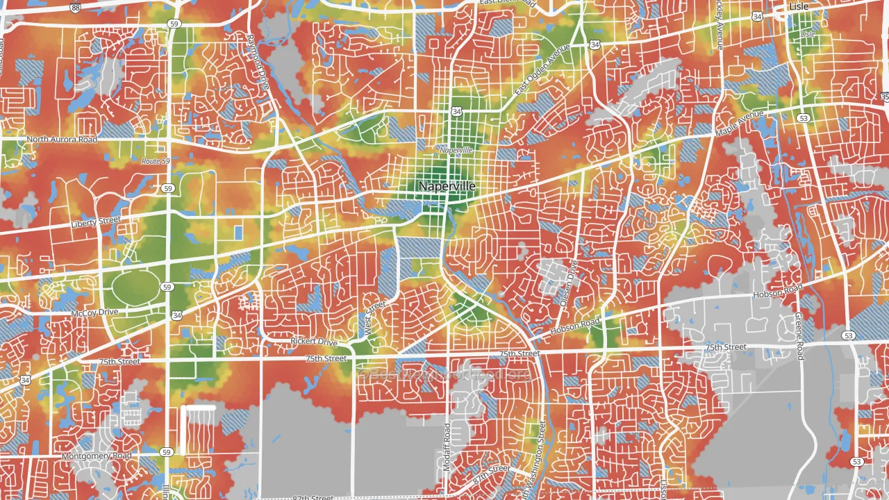 Walk Grade map of 60540, IL, walkable areas in green and car-dependent areas in red