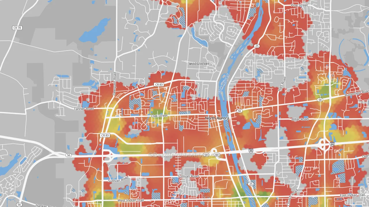 Walk Grade map of 60542, IL, walkable areas in green and car-dependent areas in red
