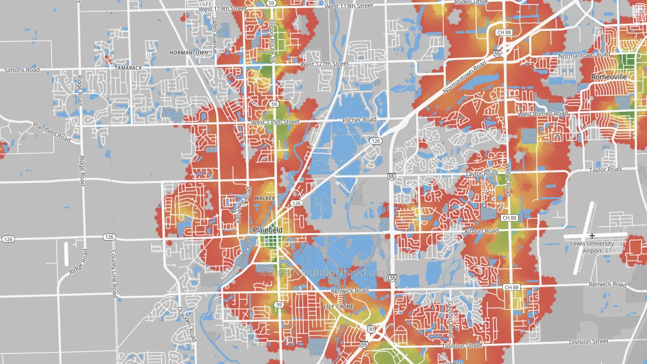 Walk Grade map of 60544, IL, walkable areas in green and car-dependent areas in red