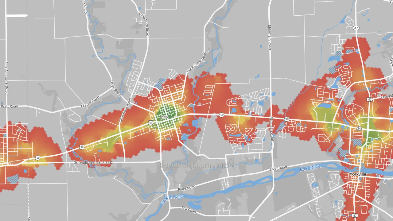 Walk Grade map of 60545, IL, walkable areas in green and car-dependent areas in red