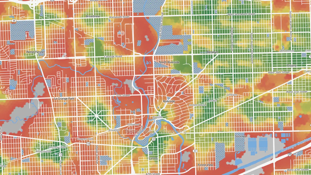 Walk Grade map of 60546, IL, walkable areas in green and car-dependent areas in red
