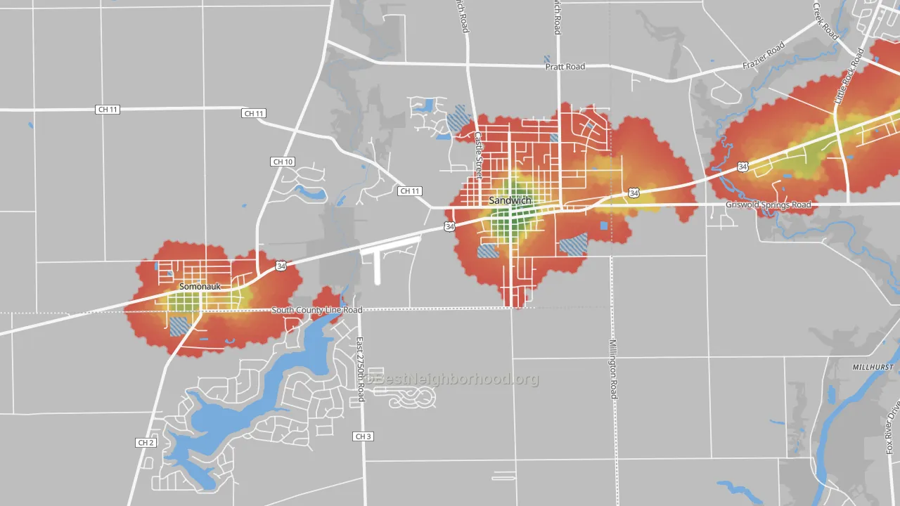 Walk Grade map of 60548, IL, walkable areas in green and car-dependent areas in red