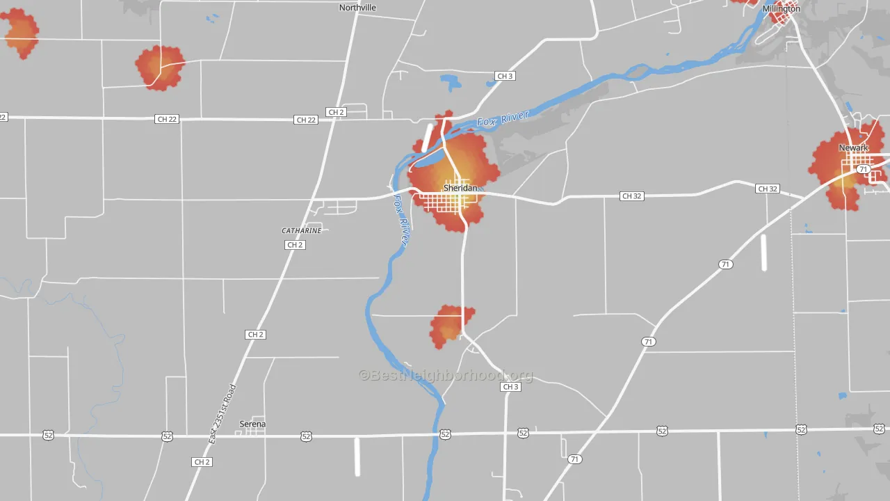 Walk Grade map of 60551, IL, walkable areas in green and car-dependent areas in red