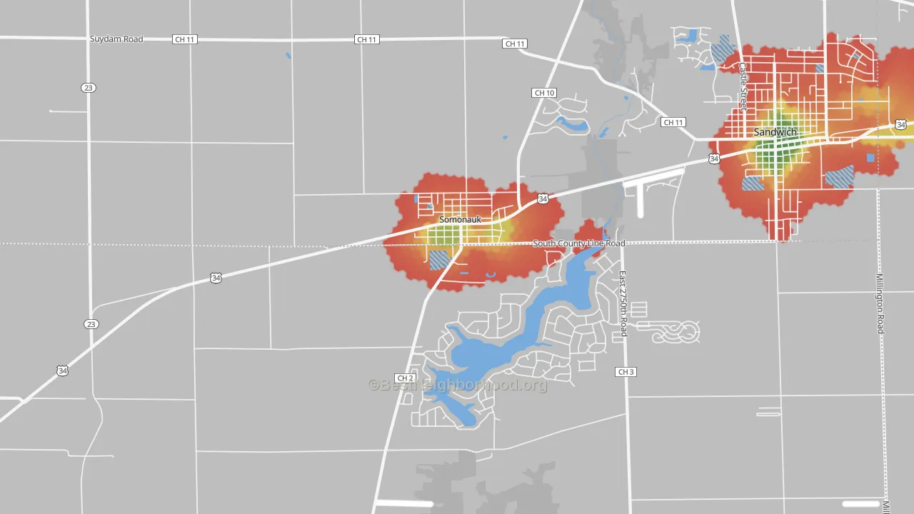 Walk Grade map of 60552, IL, walkable areas in green and car-dependent areas in red