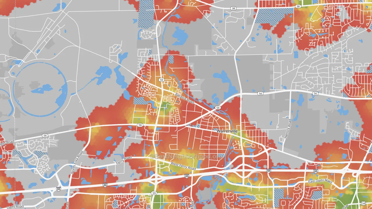 Walk Grade map of 60555, IL, walkable areas in green and car-dependent areas in red