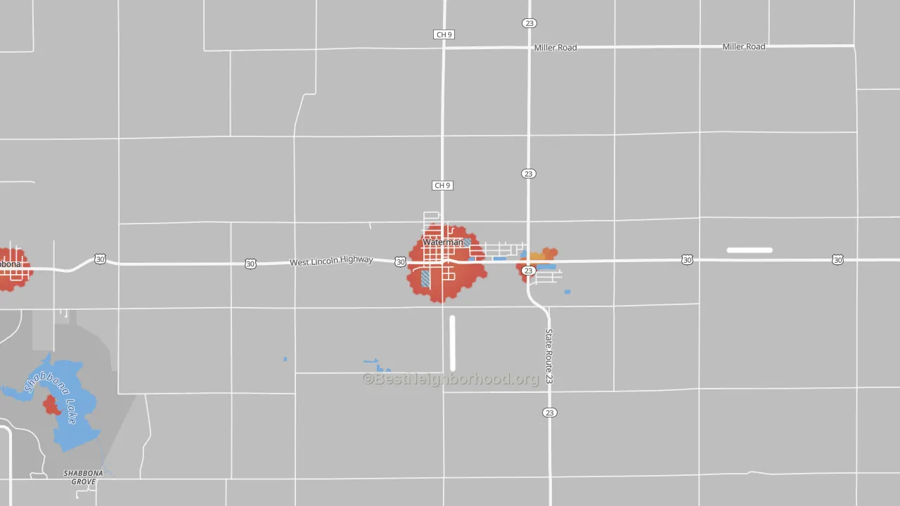 Walk Grade map of 60556, IL, walkable areas in green and car-dependent areas in red