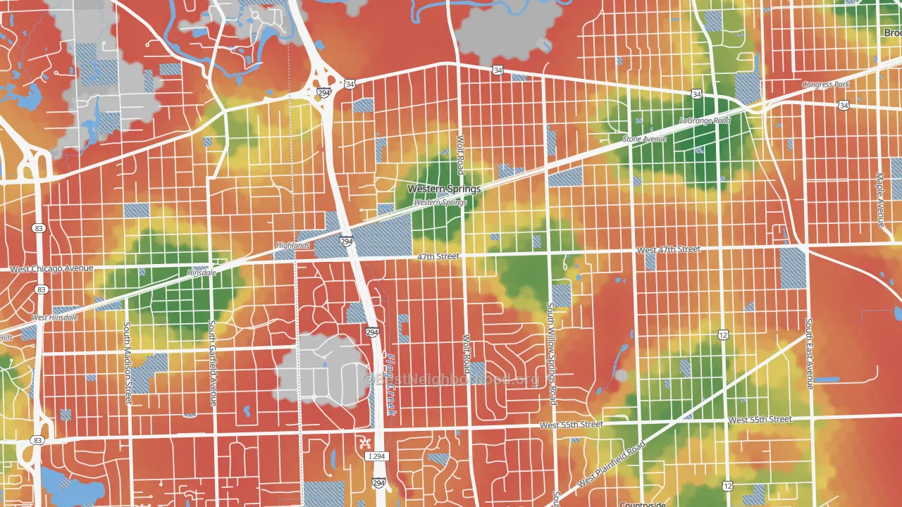 Walk Grade map of 60558, IL, walkable areas in green and car-dependent areas in red