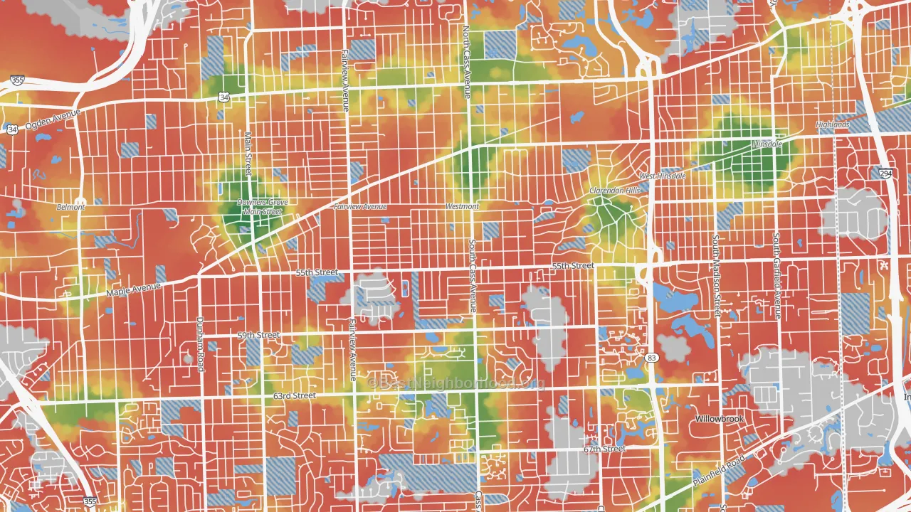 Walk Grade map of 60559, IL, walkable areas in green and car-dependent areas in red