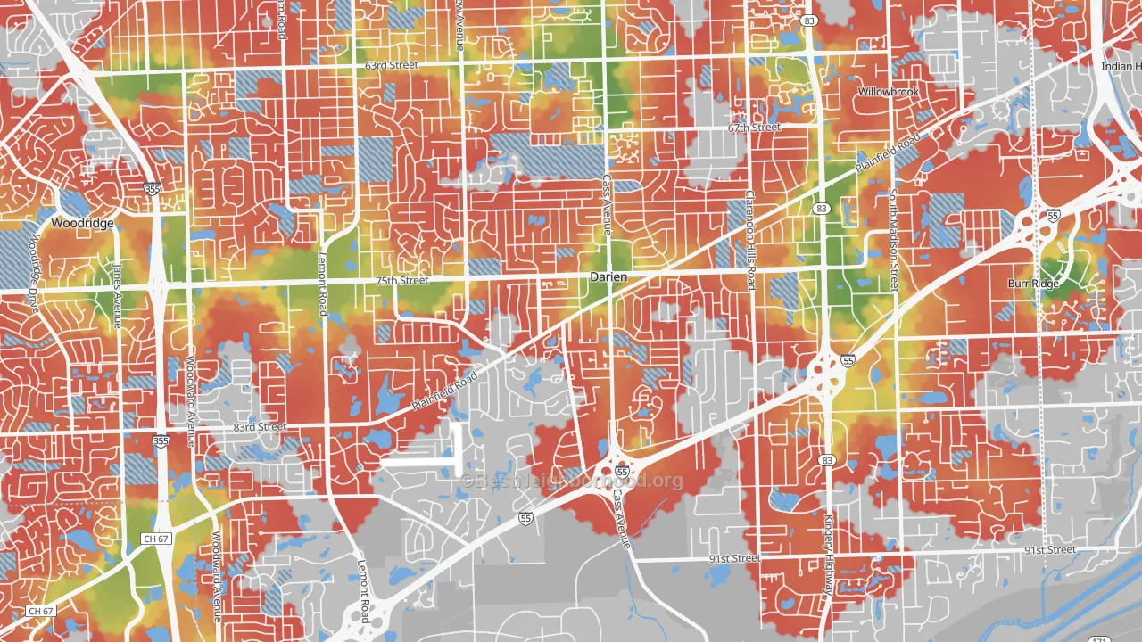 Walk Grade map of 60561, IL, walkable areas in green and car-dependent areas in red