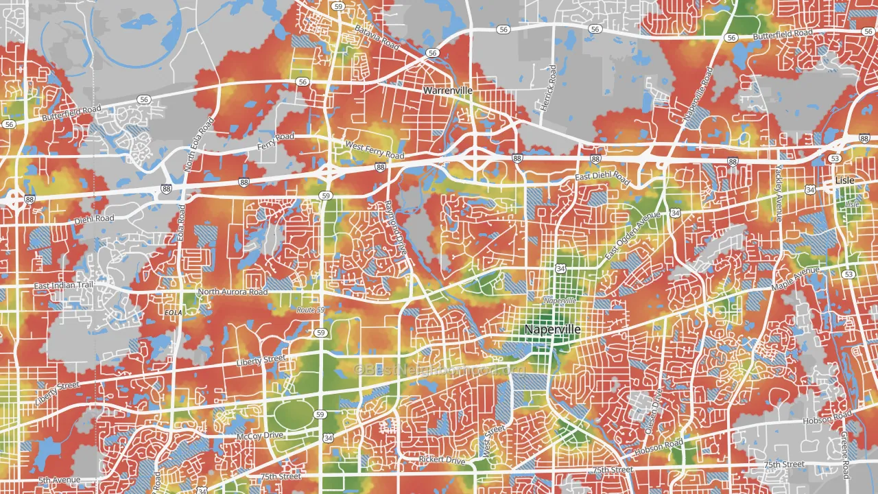 Walk Grade map of 60563, IL, walkable areas in green and car-dependent areas in red
