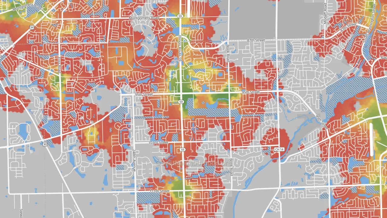 Walk Grade map of 60564, IL, walkable areas in green and car-dependent areas in red