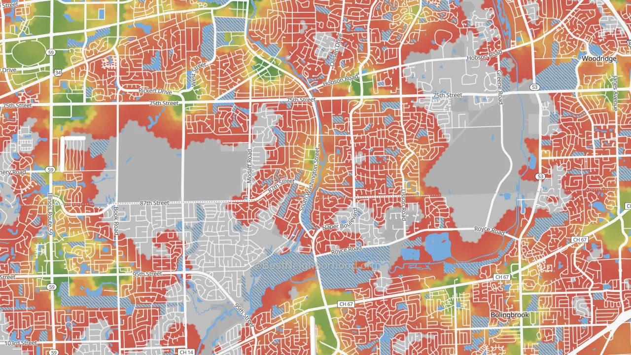 Walk Grade map of 60565, IL, walkable areas in green and car-dependent areas in red