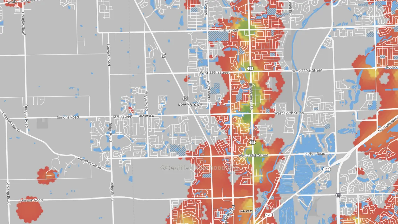 Walk Grade map of 60585, IL, walkable areas in green and car-dependent areas in red