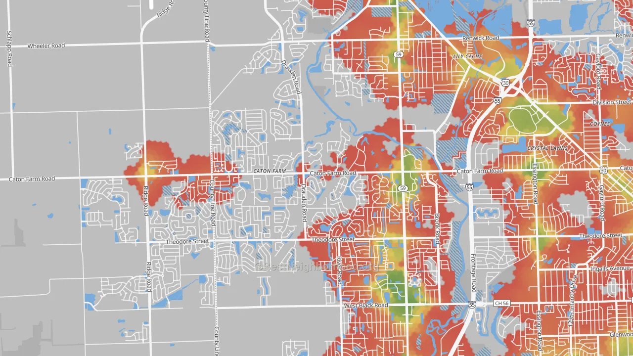 Walk Grade map of 60586, IL, walkable areas in green and car-dependent areas in red