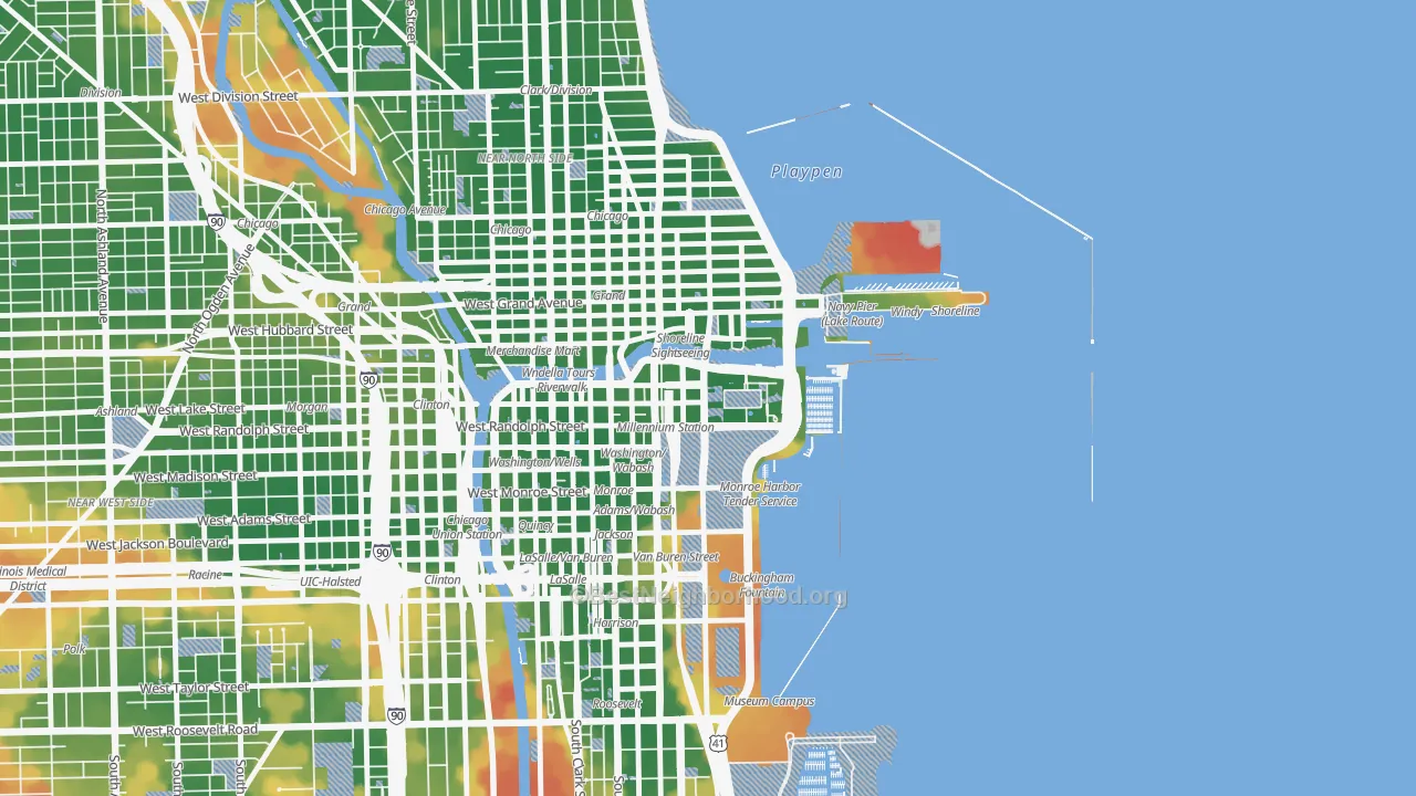 Walk Grade map of 60601, IL, walkable areas in green and car-dependent areas in red