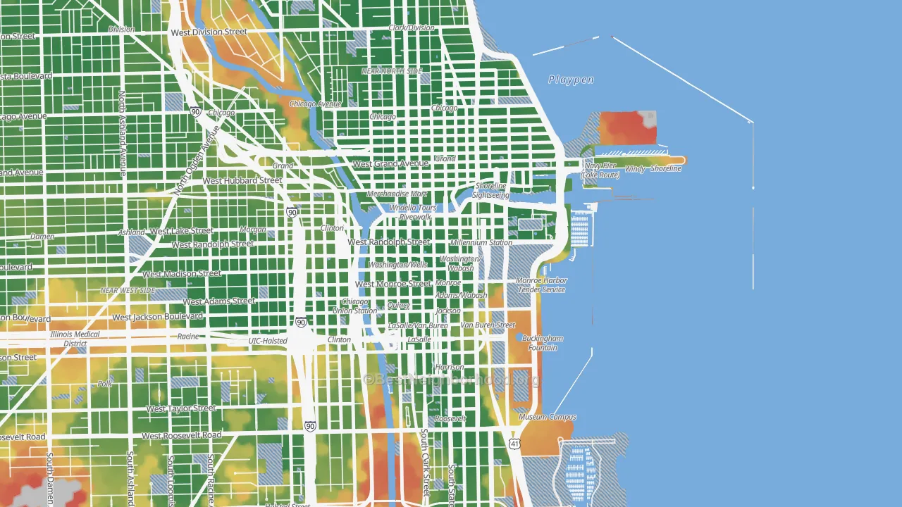 Walk Grade map of 60602, IL, walkable areas in green and car-dependent areas in red