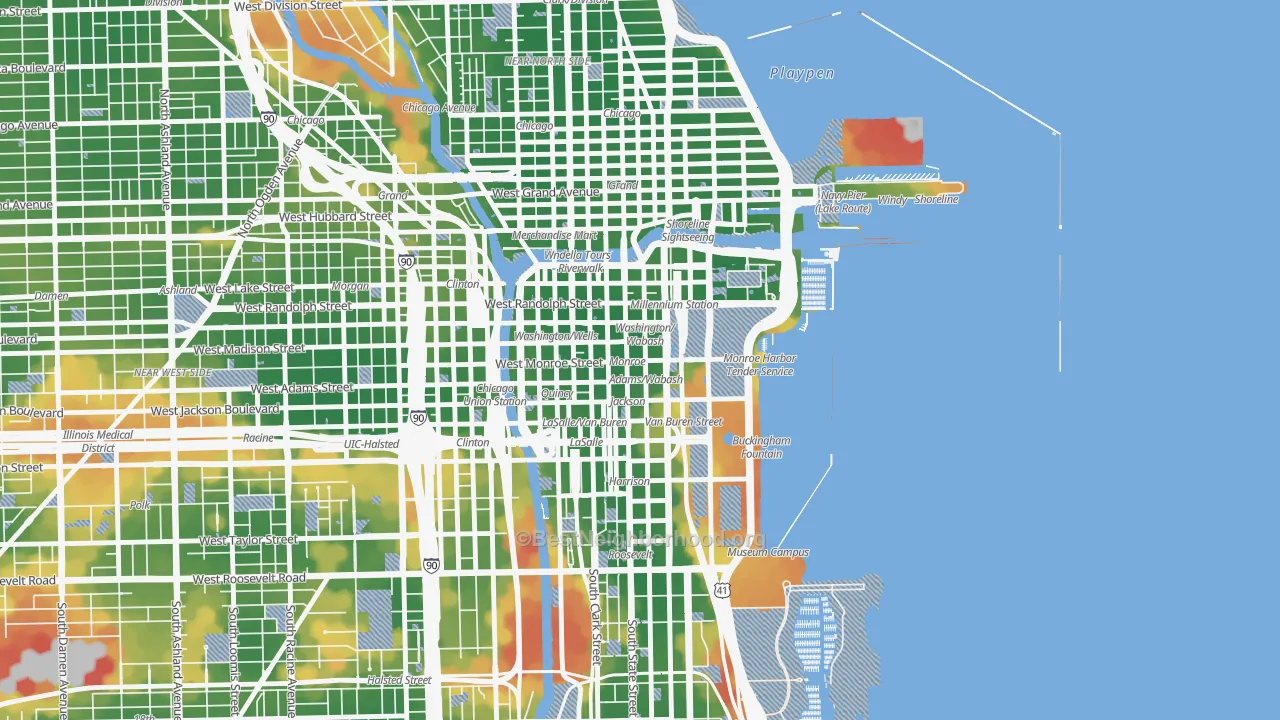 Walk Grade map of 60603, IL, walkable areas in green and car-dependent areas in red