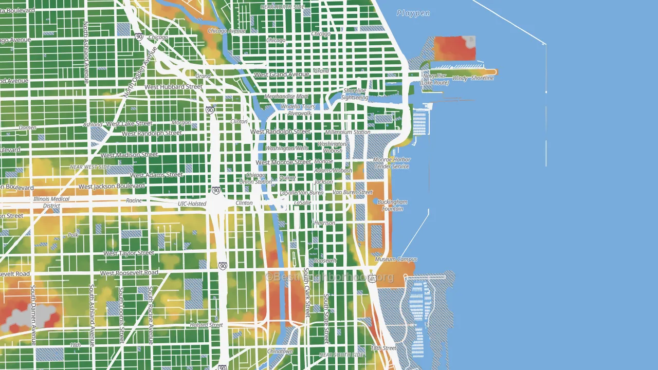 Walk Grade map of 60604, IL, walkable areas in green and car-dependent areas in red