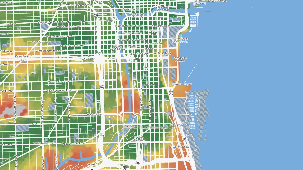 Walk Grade map of 60605, IL, walkable areas in green and car-dependent areas in red