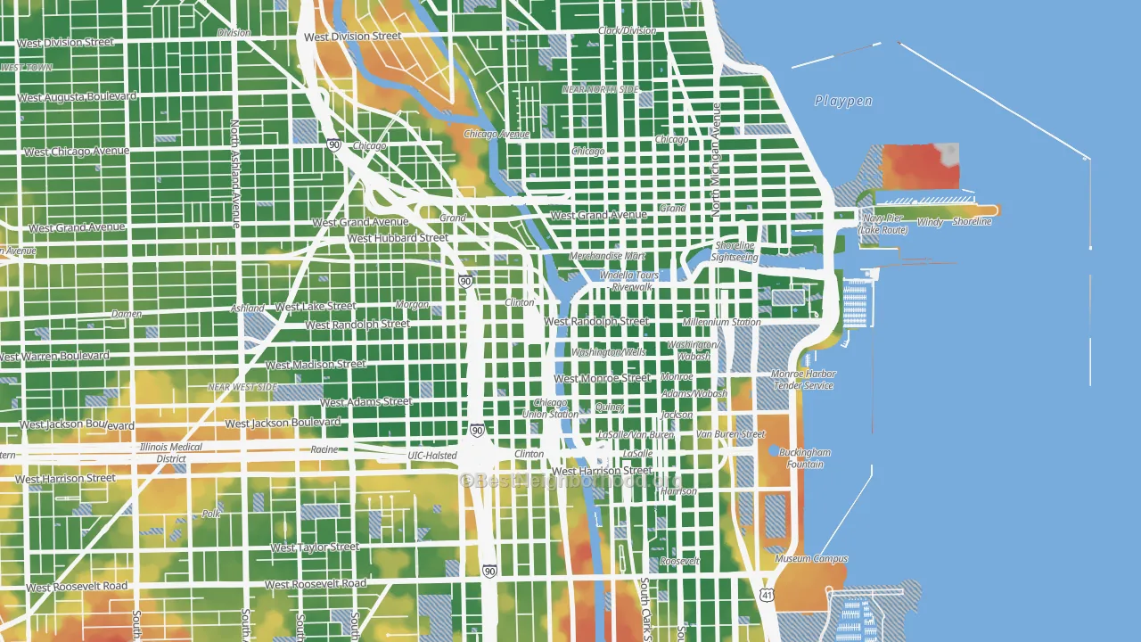 Walk Grade map of 60606, IL, walkable areas in green and car-dependent areas in red