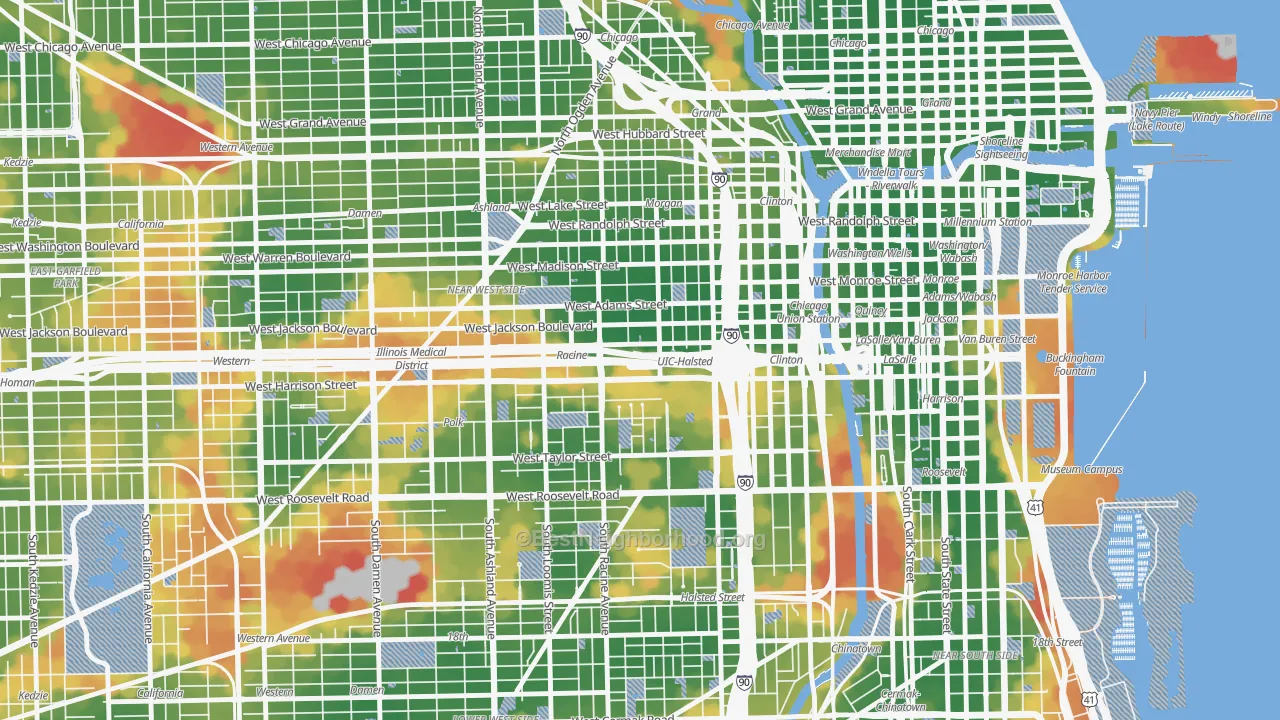 Walk Grade map of 60607, IL, walkable areas in green and car-dependent areas in red