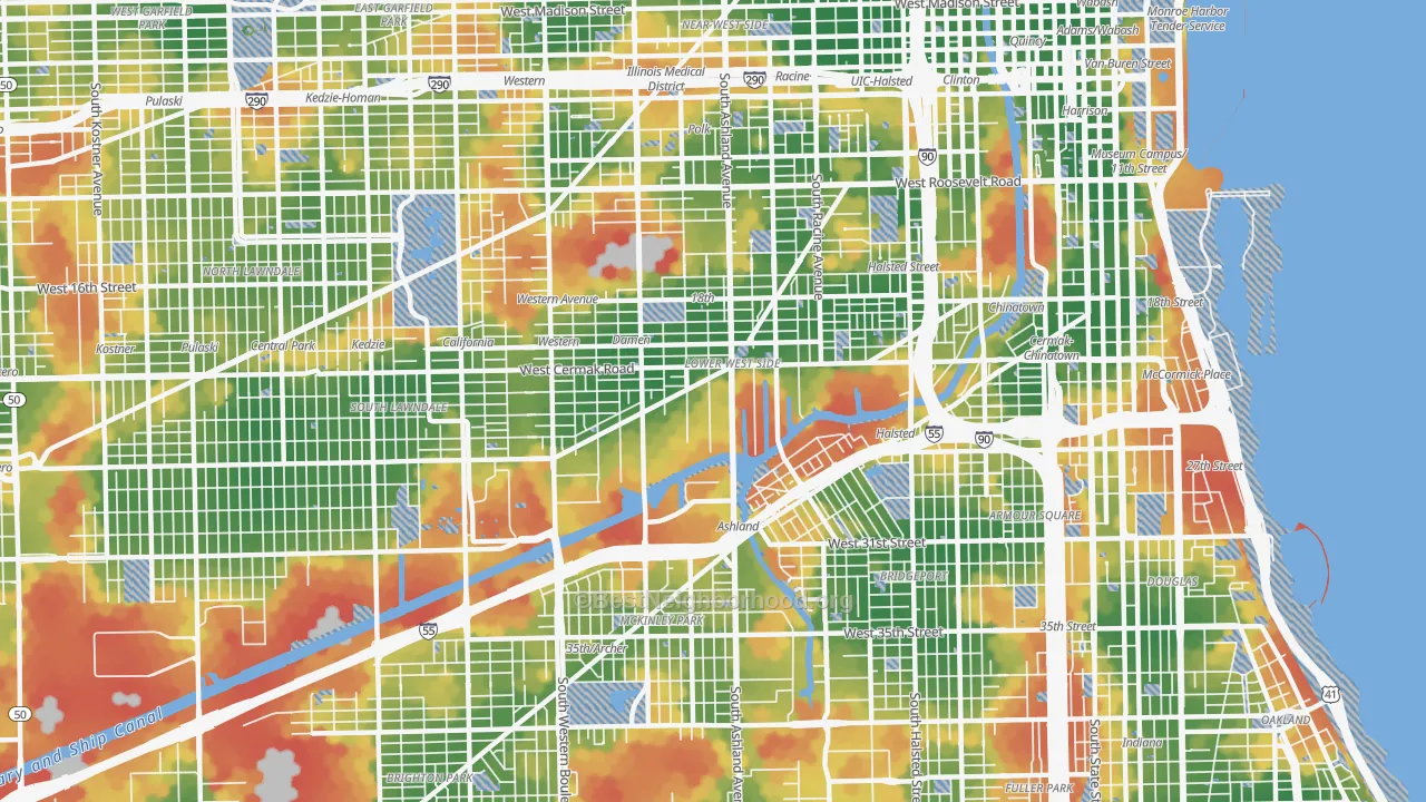 Walk Grade map of 60608, IL, walkable areas in green and car-dependent areas in red