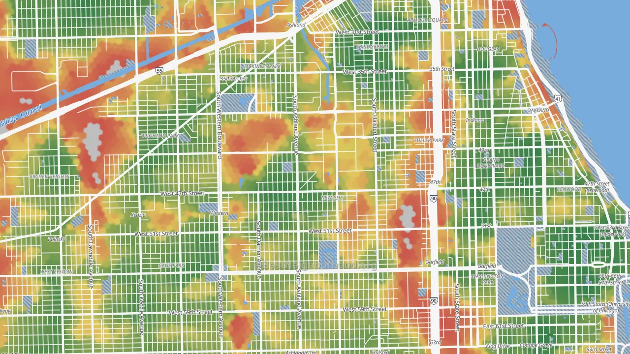 Walk Grade map of 60609, IL, walkable areas in green and car-dependent areas in red