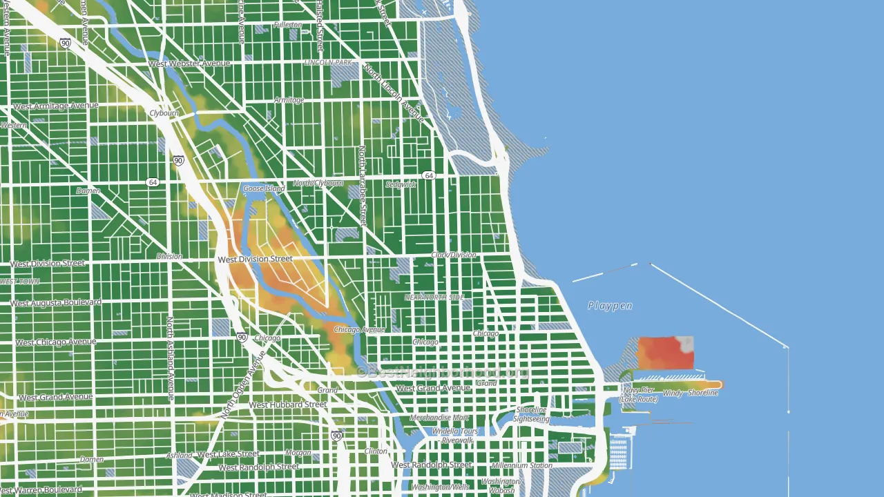 Walk Grade map of 60610, IL, walkable areas in green and car-dependent areas in red