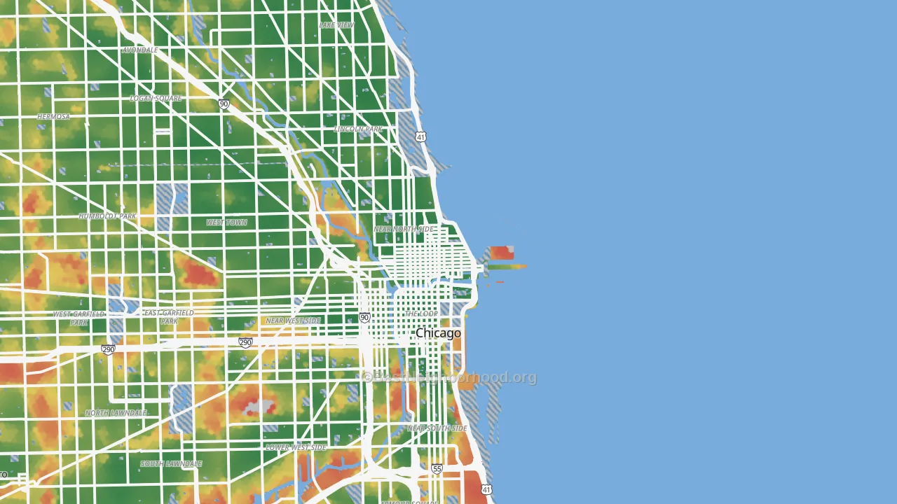 Walk Grade map of 60611, IL, walkable areas in green and car-dependent areas in red