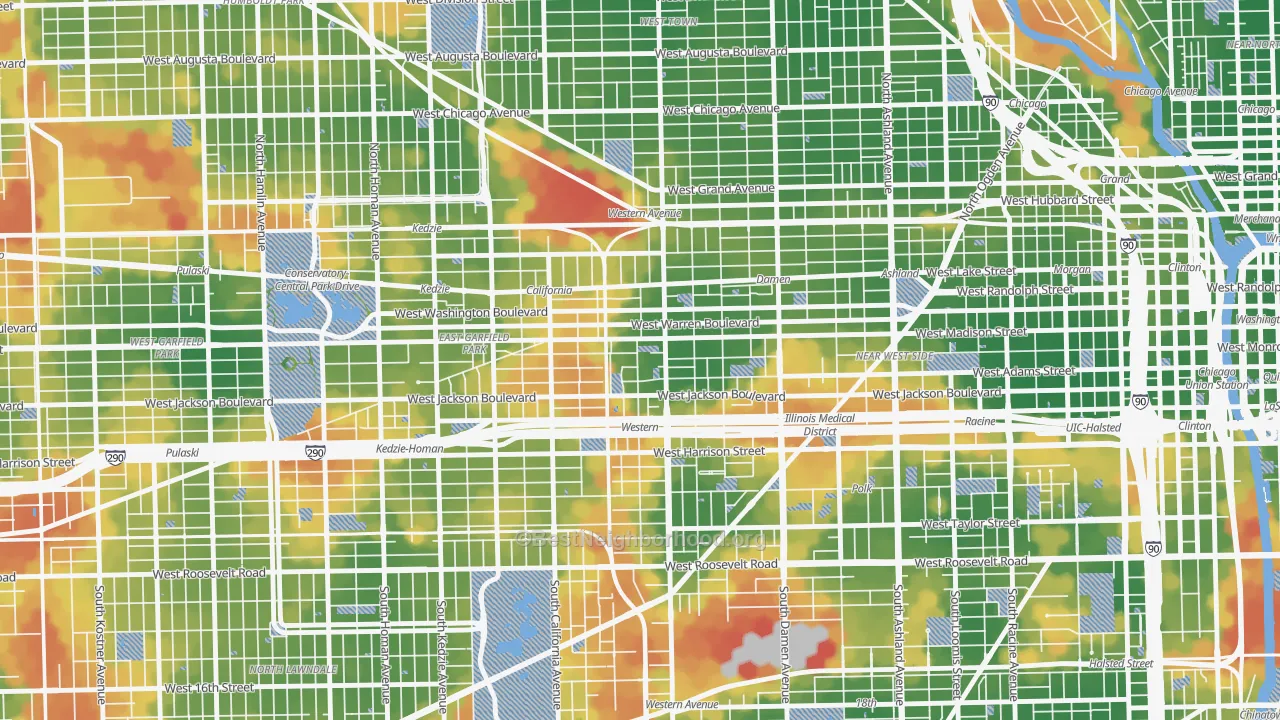 Walk Grade map of 60612, IL, walkable areas in green and car-dependent areas in red