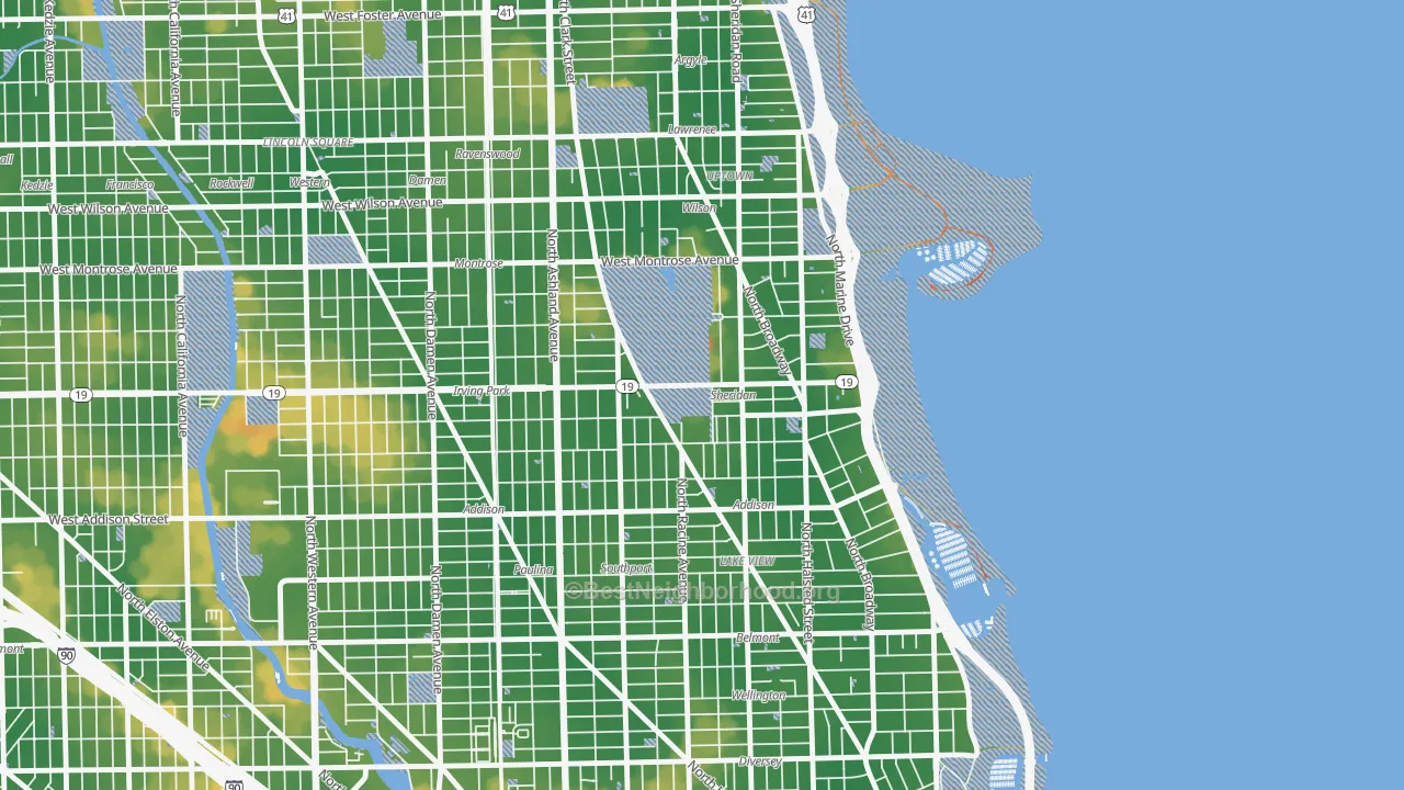 Walk Grade map of 60613, IL, walkable areas in green and car-dependent areas in red