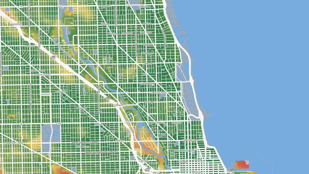 Walk Grade map of 60614, IL, walkable areas in green and car-dependent areas in red