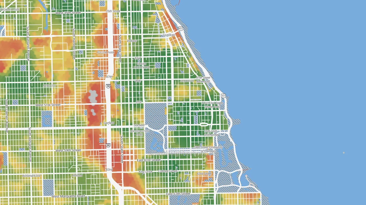 Walk Grade map of 60615, IL, walkable areas in green and car-dependent areas in red
