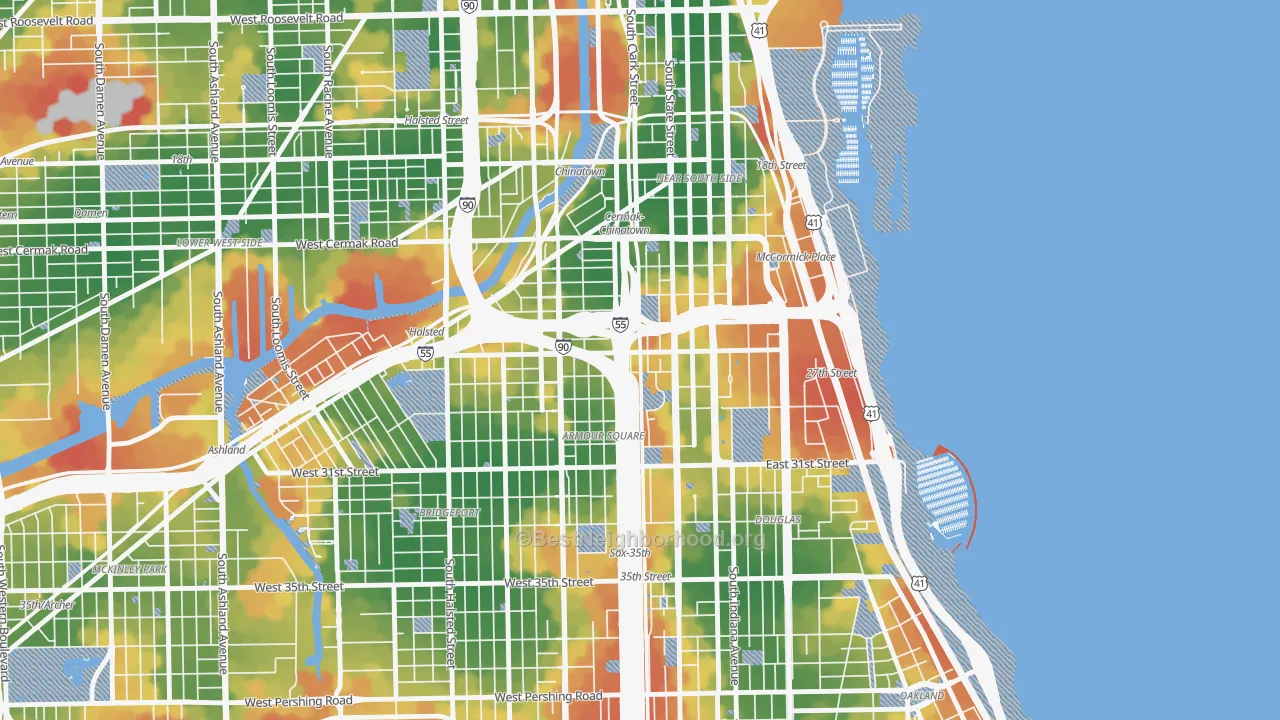Walk Grade map of 60616, IL, walkable areas in green and car-dependent areas in red