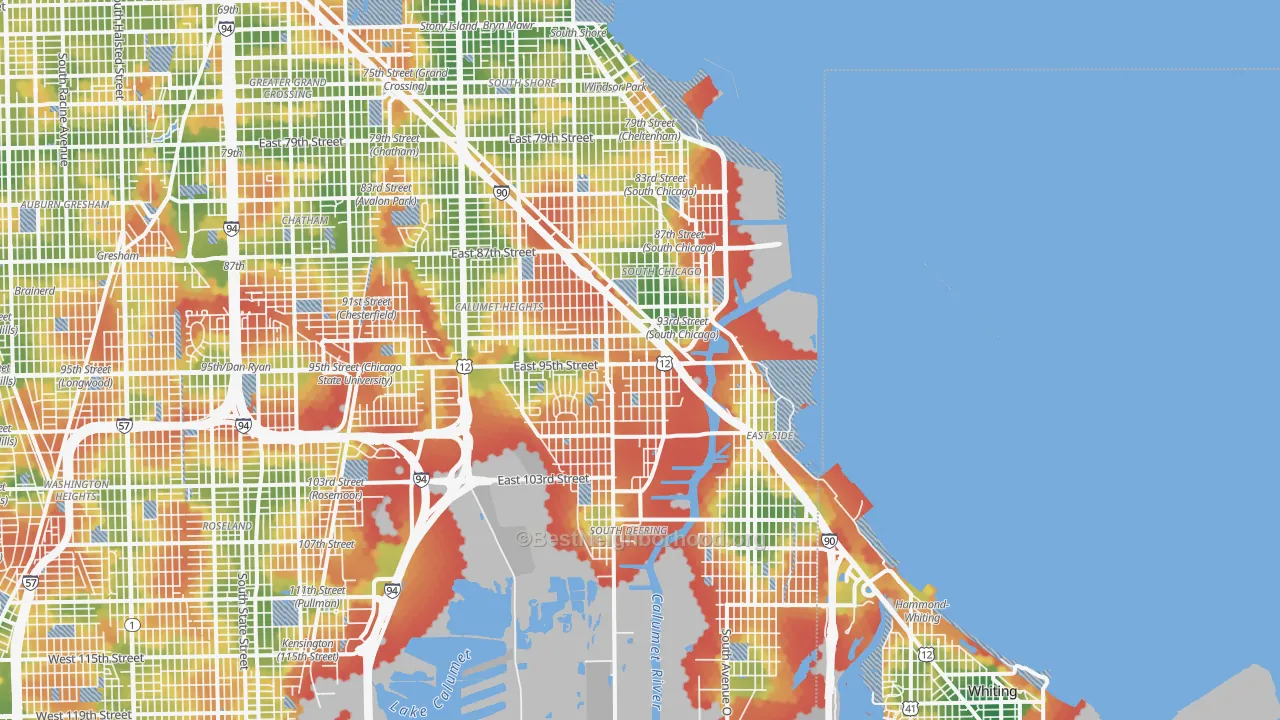 Walk Grade map of 60617, IL, walkable areas in green and car-dependent areas in red