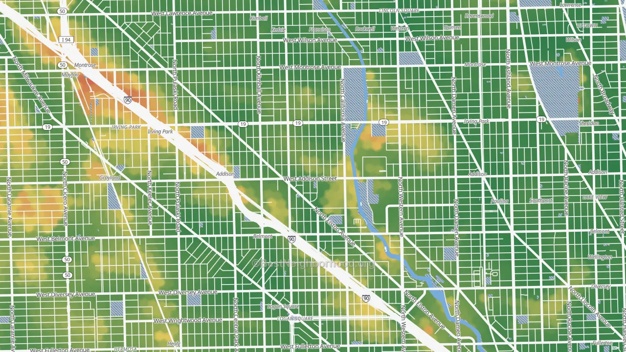 Walk Grade map of 60618, IL, walkable areas in green and car-dependent areas in red