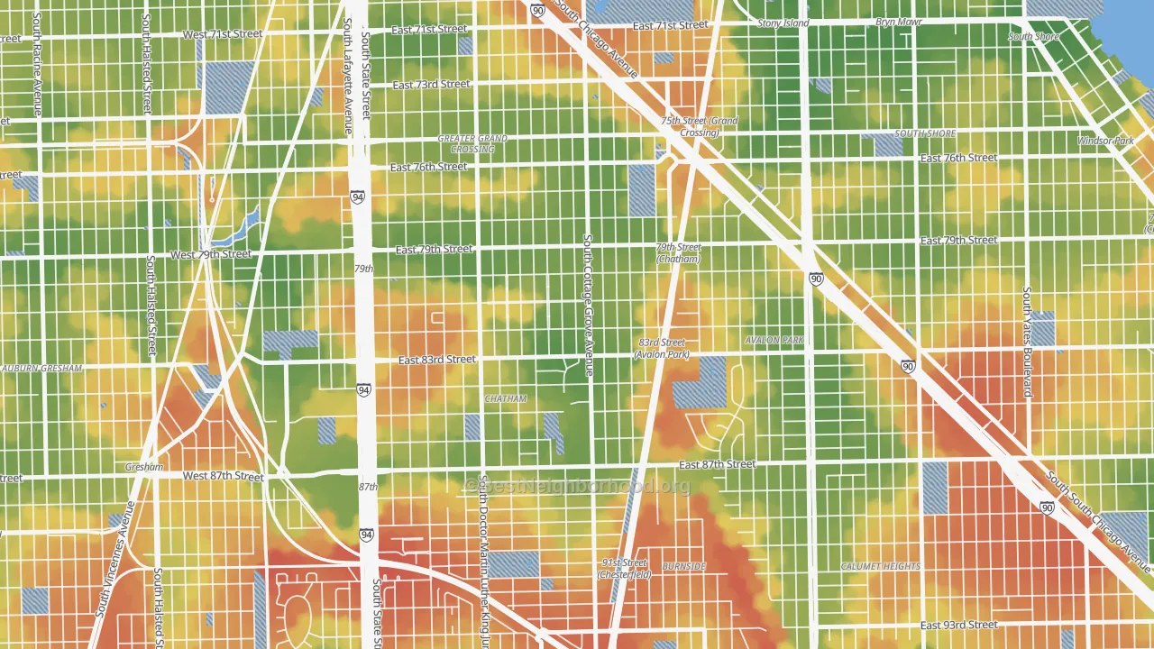 Walk Grade map of 60619, IL, walkable areas in green and car-dependent areas in red