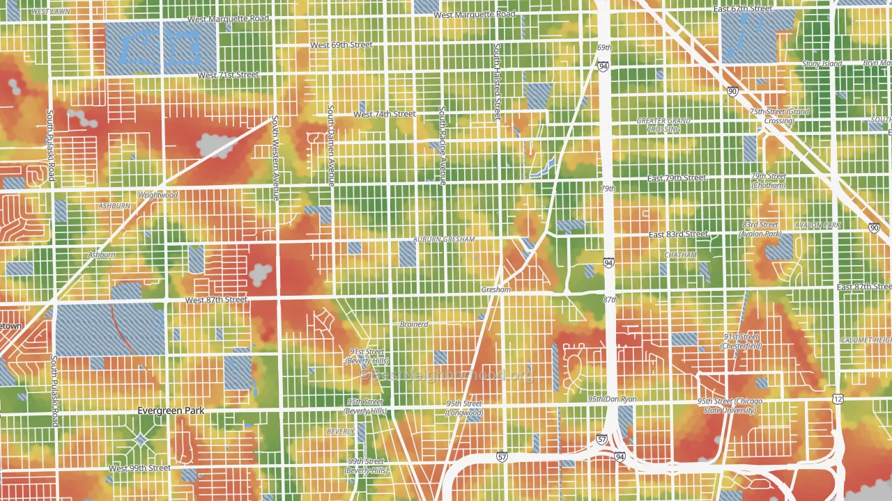 Walk Grade map of 60620, IL, walkable areas in green and car-dependent areas in red