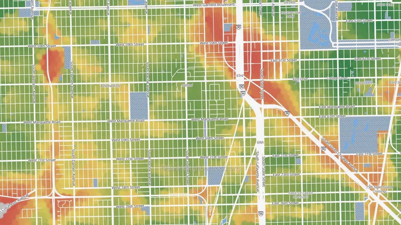 Walk Grade map of 60621, IL, walkable areas in green and car-dependent areas in red