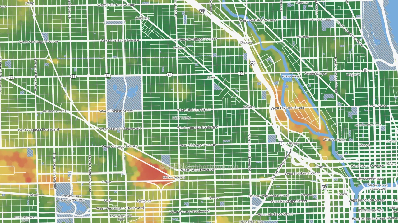 Walk Grade map of 60622, IL, walkable areas in green and car-dependent areas in red