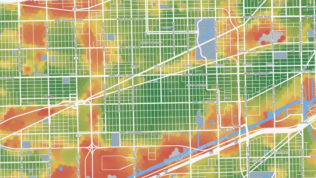 Walk Grade map of 60623, IL, walkable areas in green and car-dependent areas in red