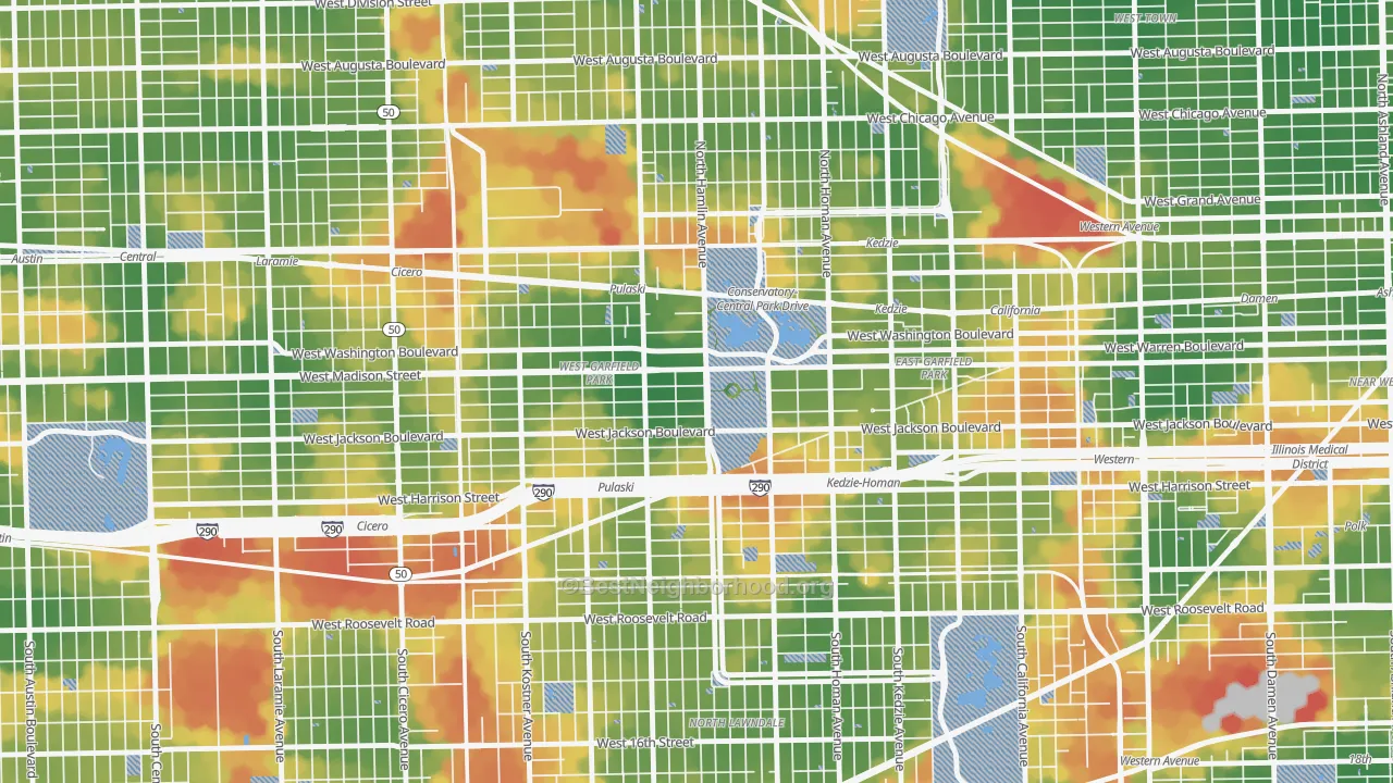 Walk Grade map of 60624, IL, walkable areas in green and car-dependent areas in red