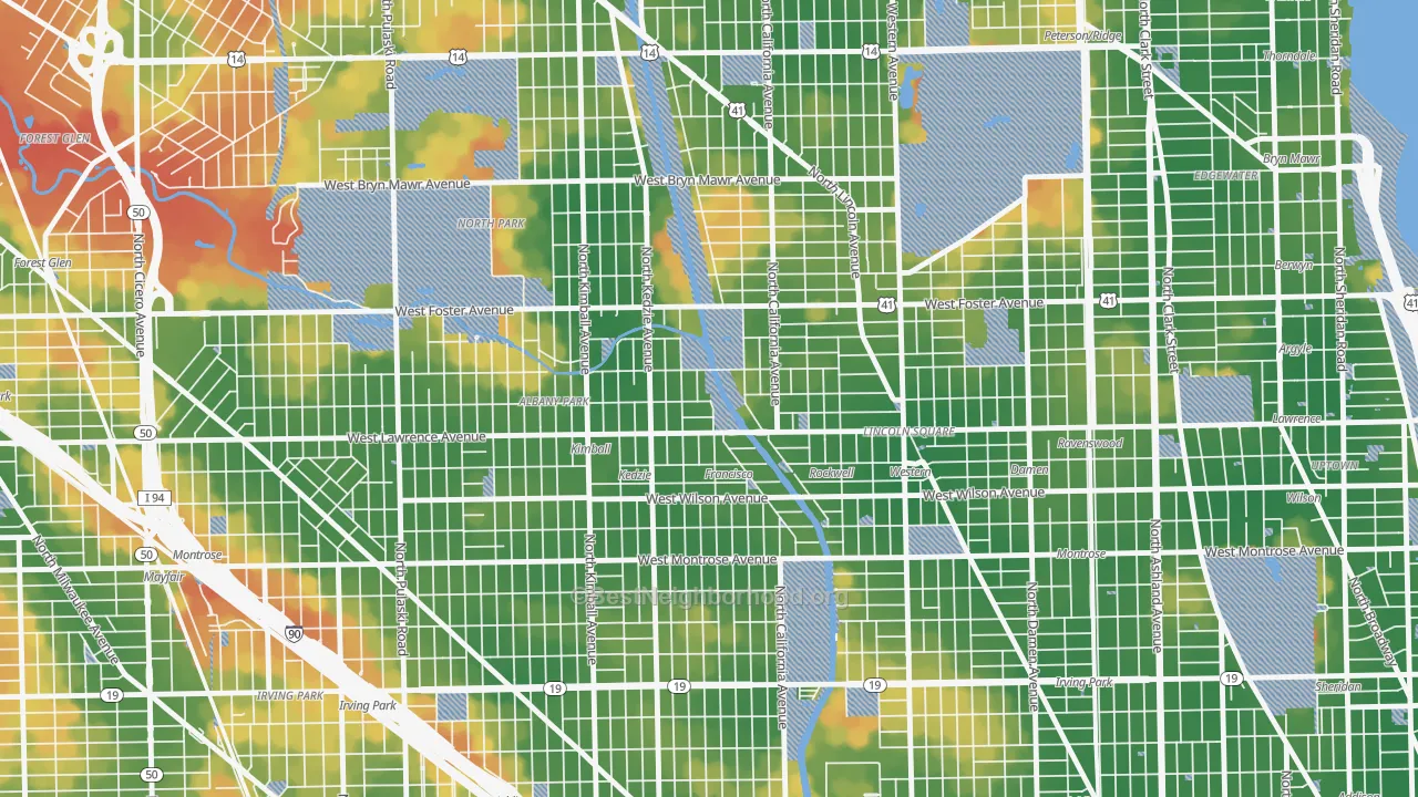 Walk Grade map of 60625, IL, walkable areas in green and car-dependent areas in red