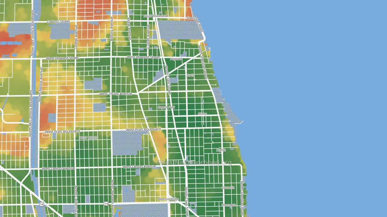 Walk Grade map of 60626, IL, walkable areas in green and car-dependent areas in red