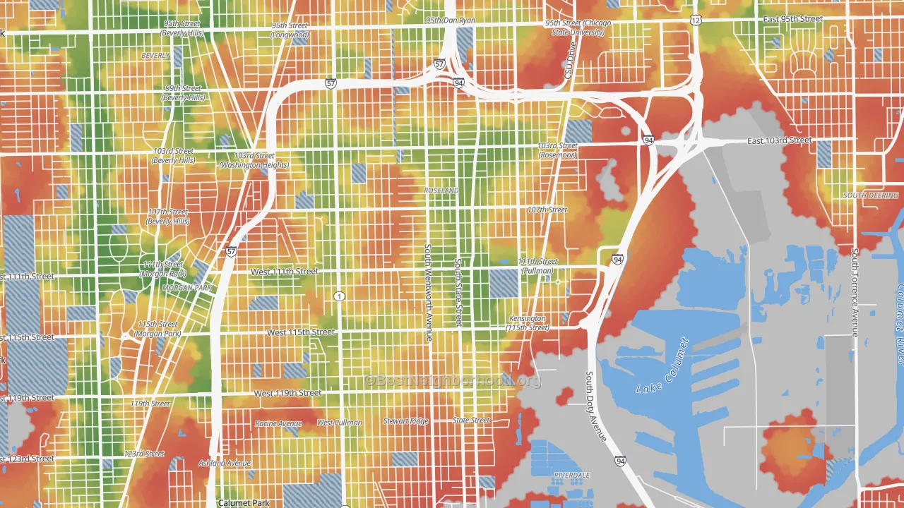 Walk Grade map of 60628, IL, walkable areas in green and car-dependent areas in red