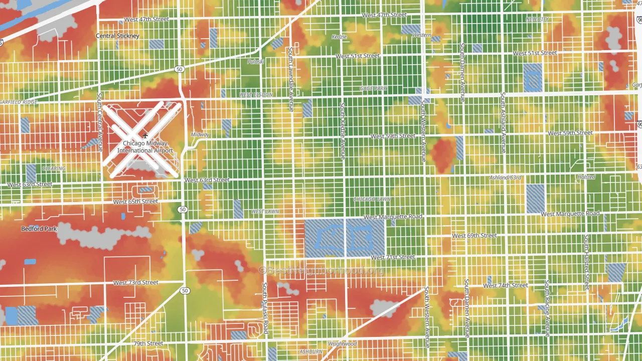 Walk Grade map of 60629, IL, walkable areas in green and car-dependent areas in red